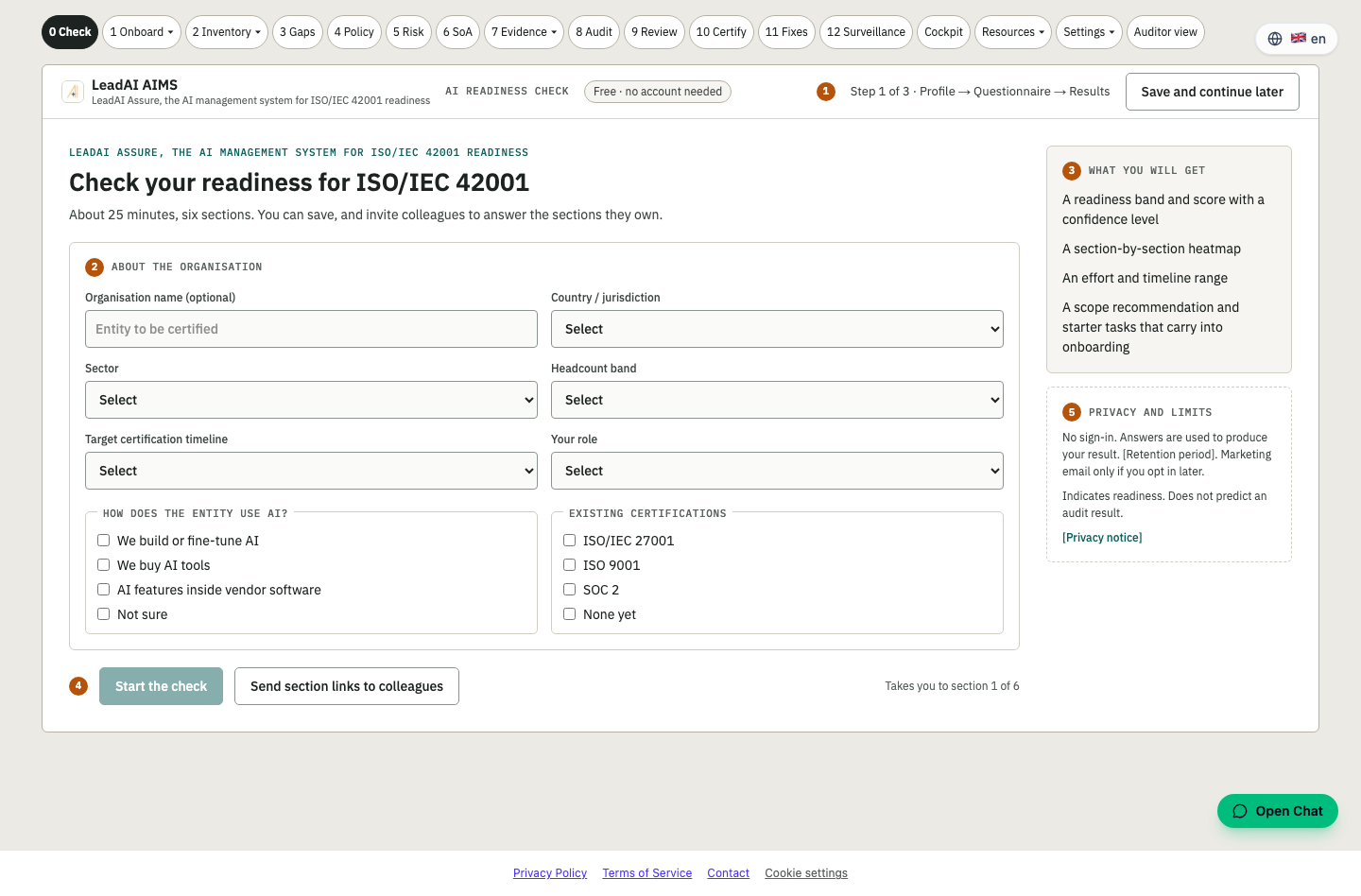 Stage 0 Check screen in the Assure platform