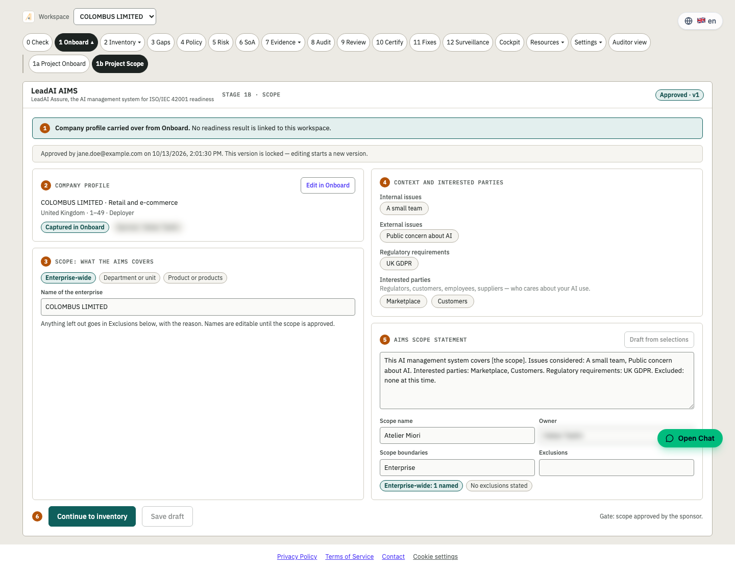 Stage 1b Scope screen in the Assure platform