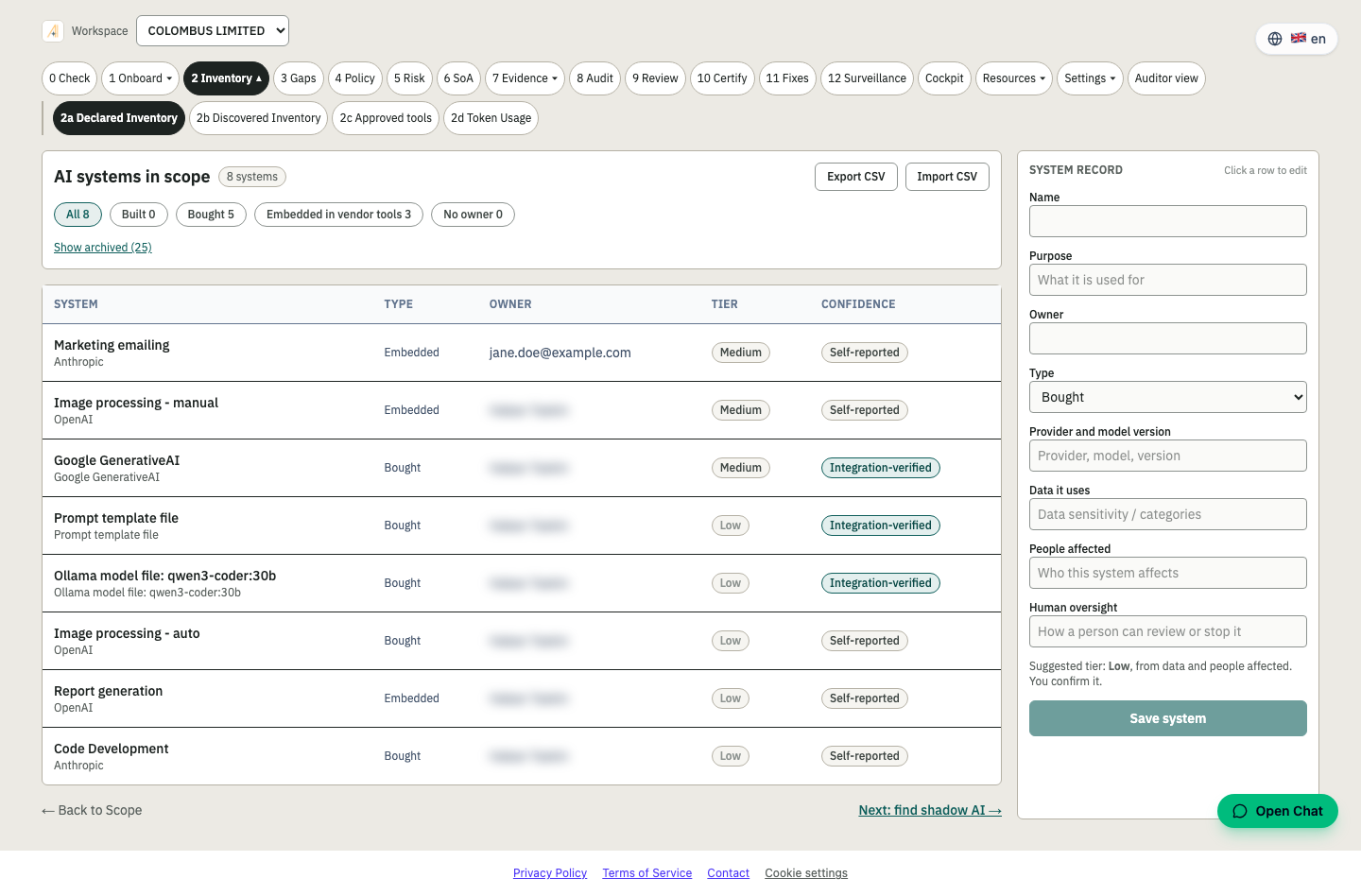 Stage 2 Inventory screen in the Assure platform