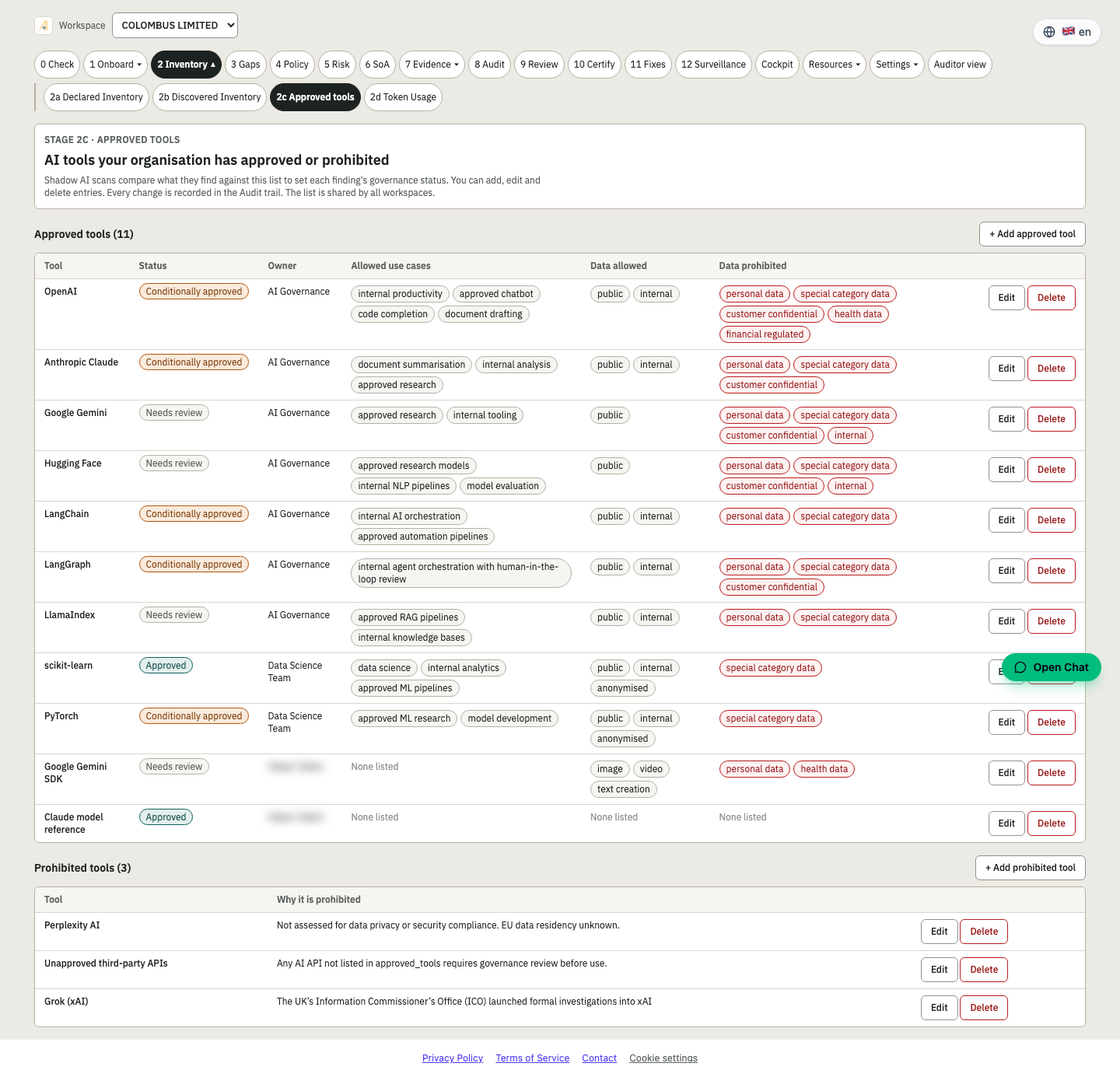 Stage 2c Approved tools screen in the Assure platform
