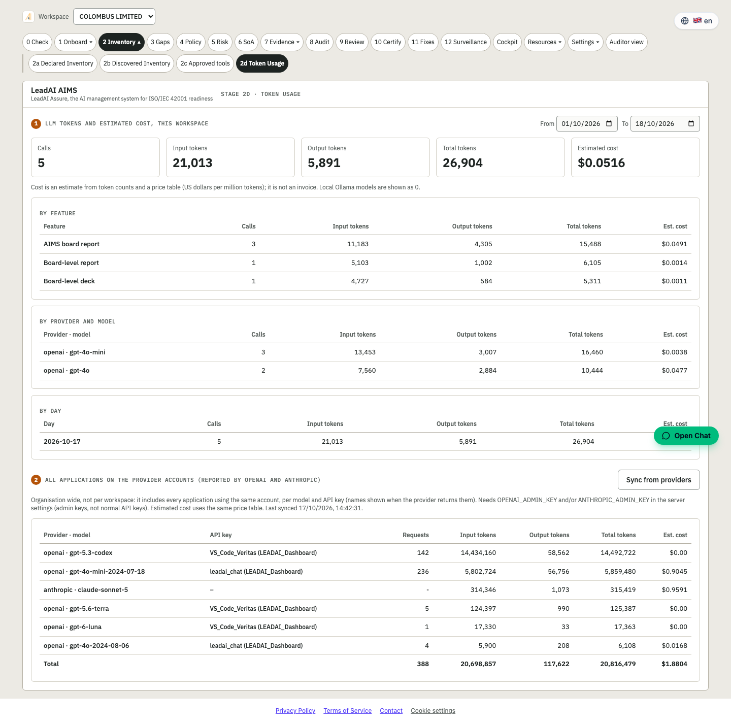Stage 2d Token usage screen in the Assure platform