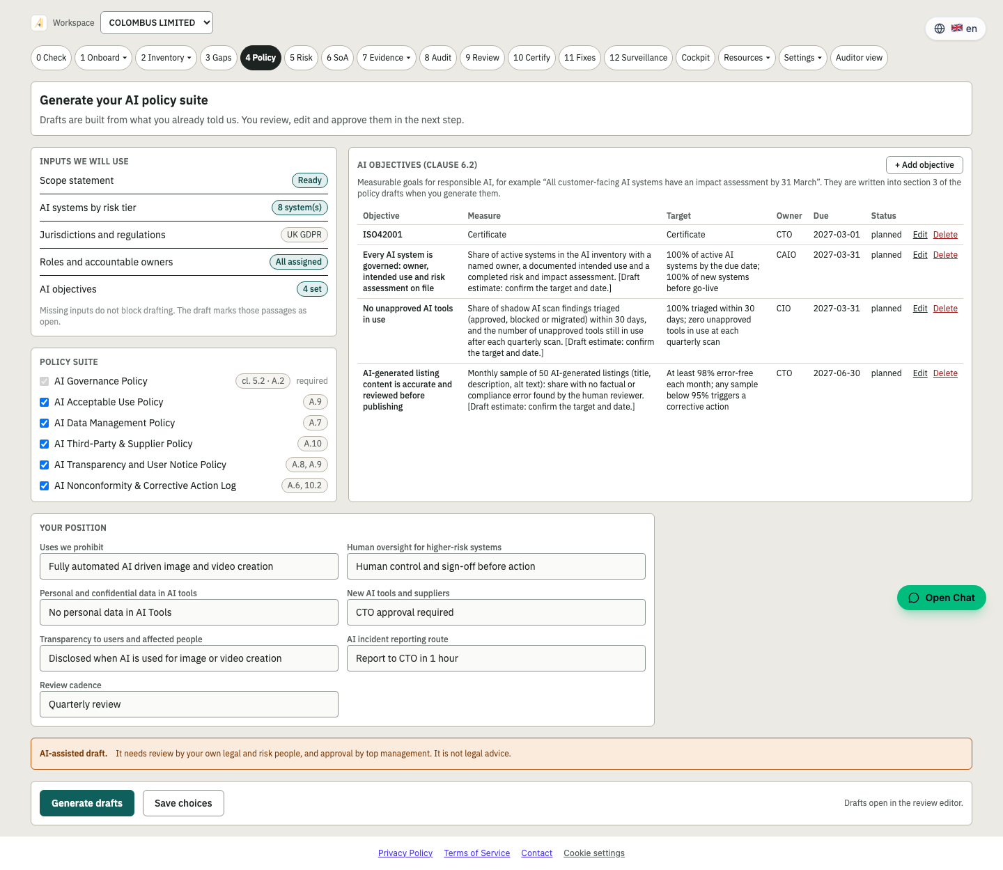 Stage 4 Policy screen in the Assure platform