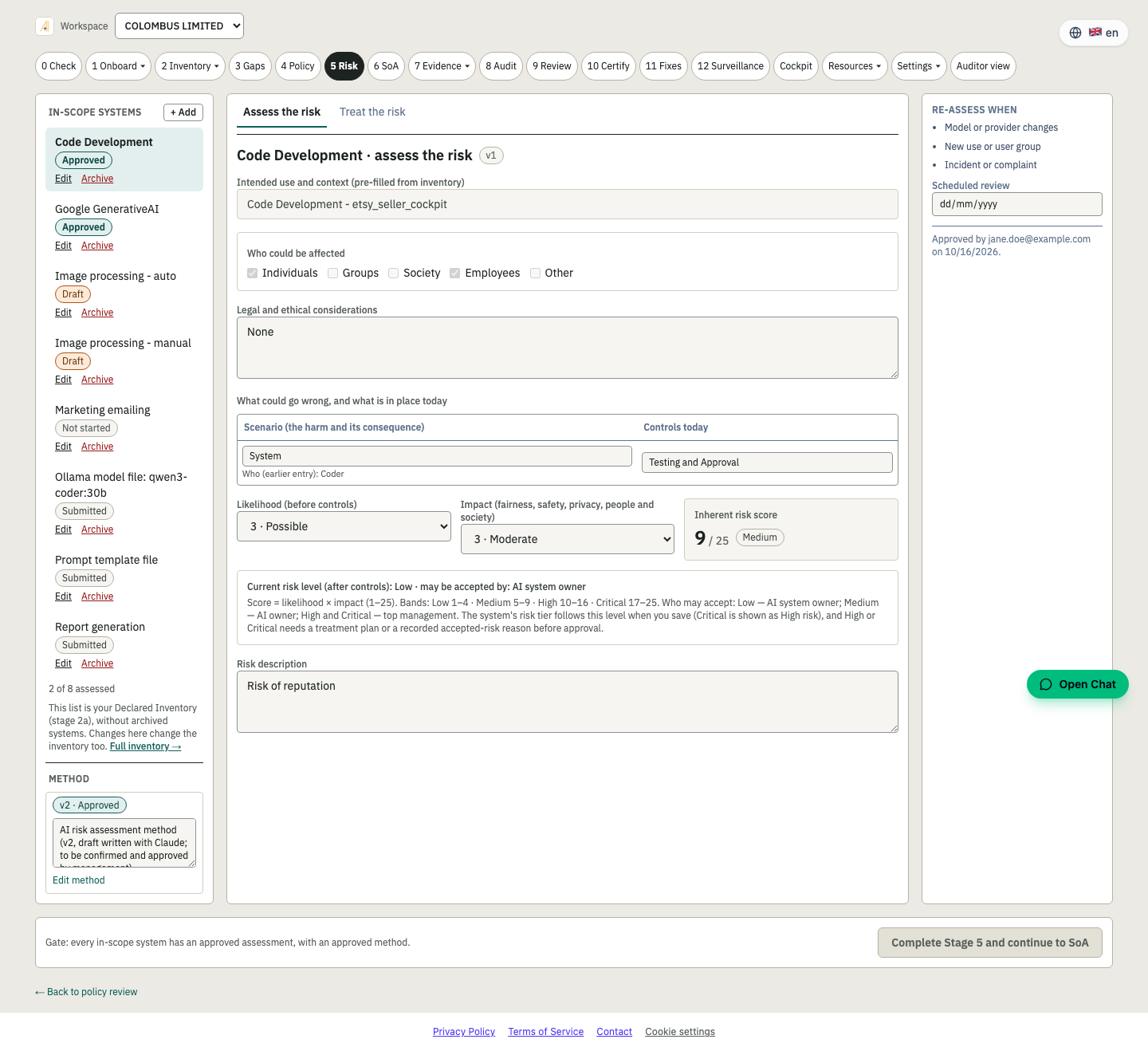 Stage 5 Risk screen in the Assure platform