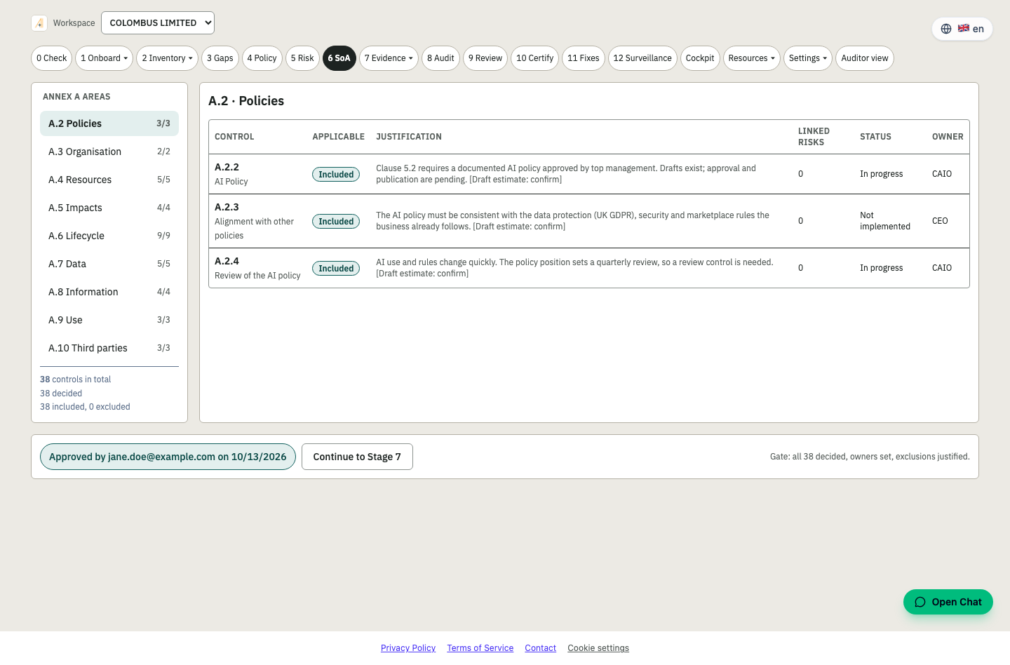 Stage 6 SoA screen in the Assure platform
