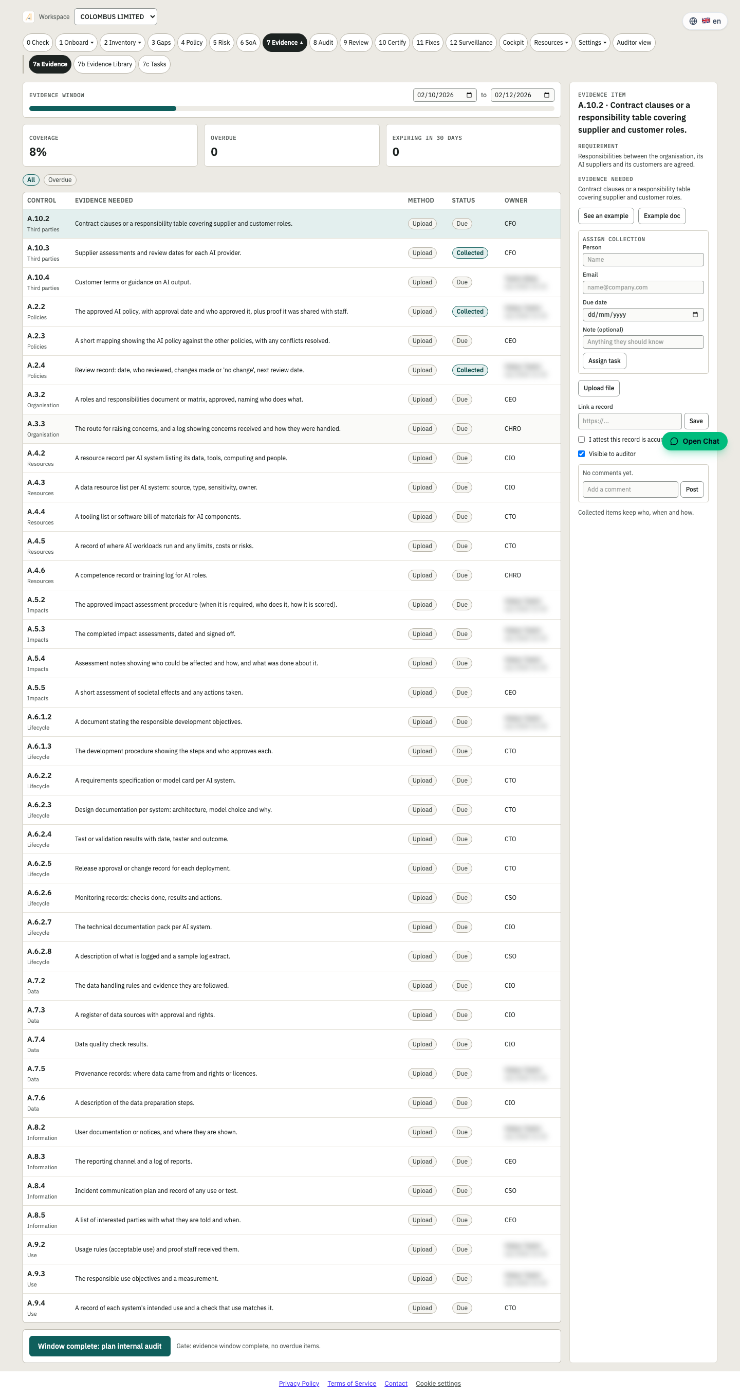 Stage 7 Evidence screen in the Assure platform