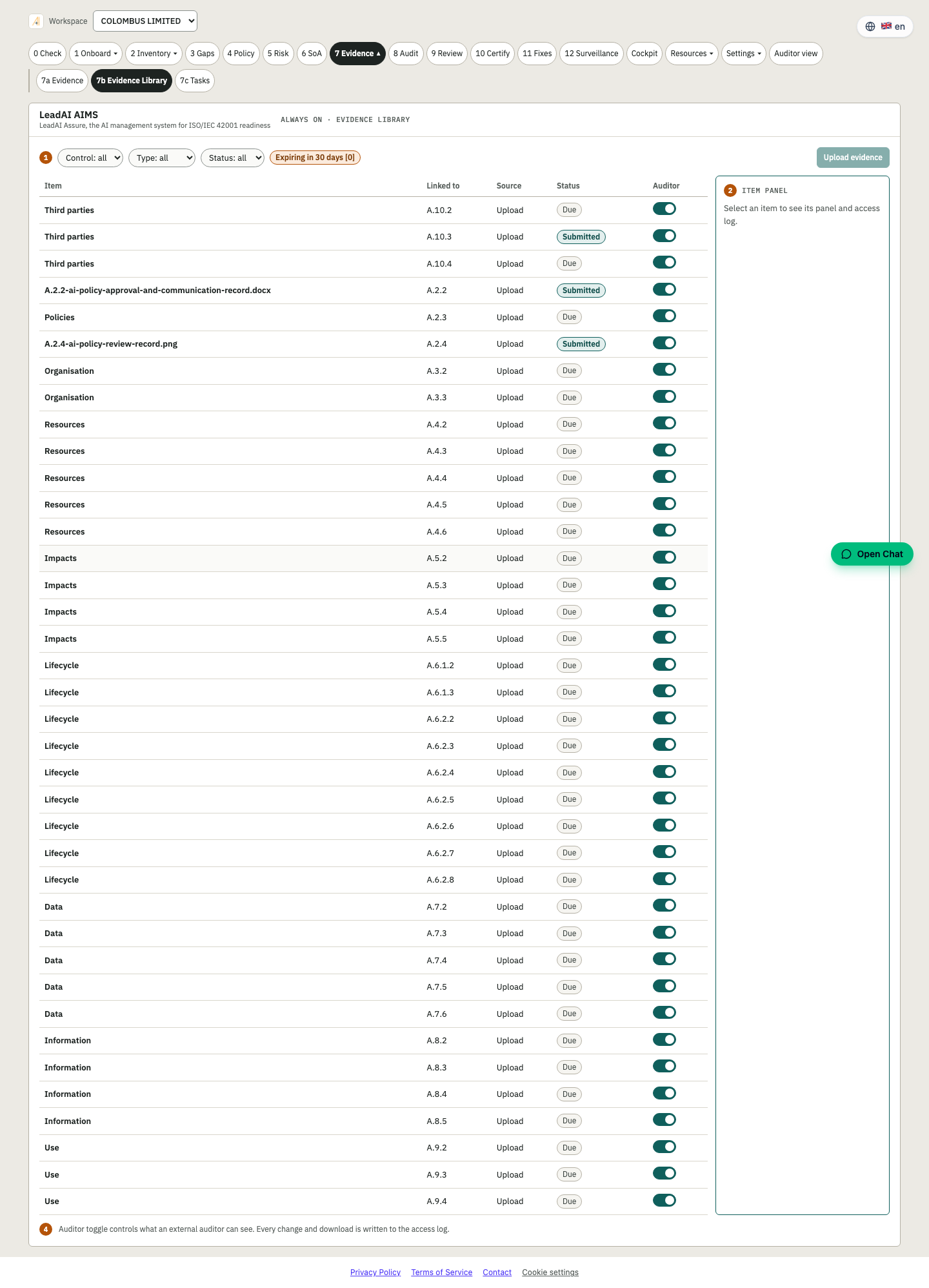 Stage 7b Evidence library screen in the Assure platform