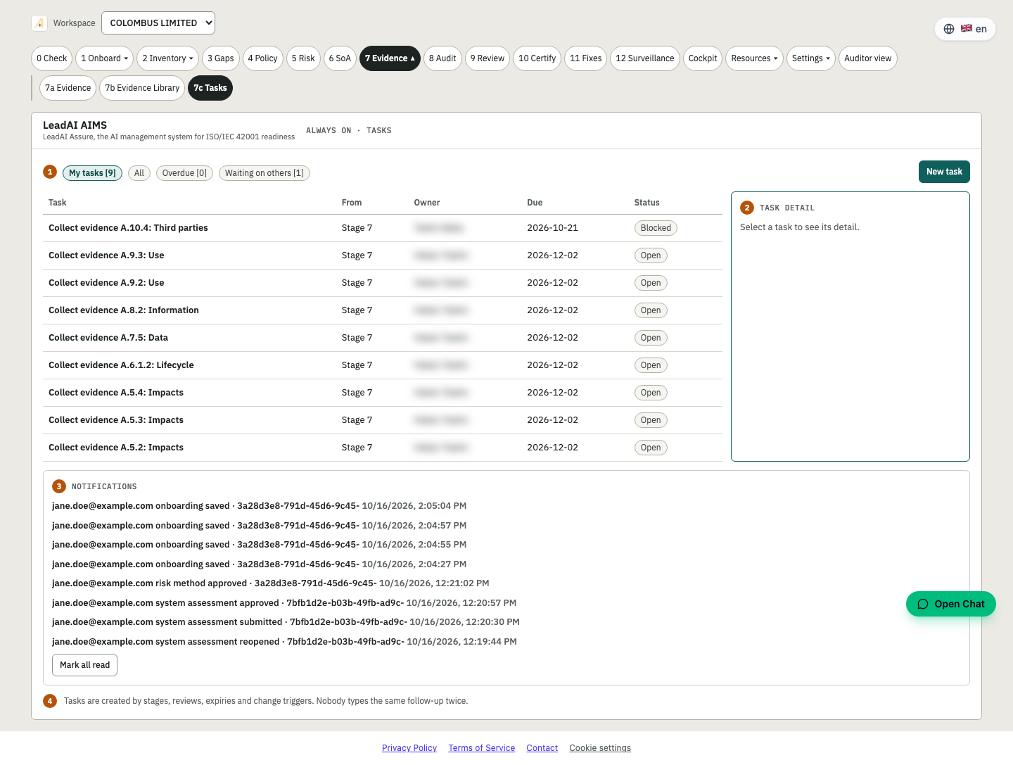 Stage 7c Tasks screen in the Assure platform