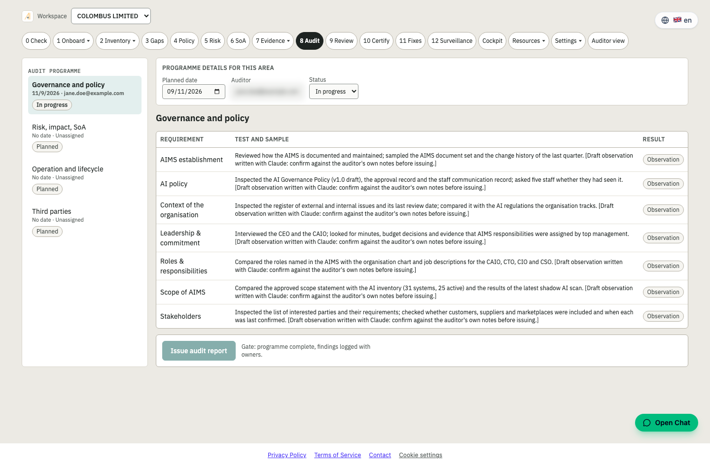 Stage 8 Audit screen in the Assure platform