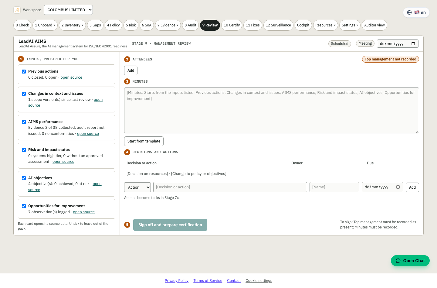 Stage 9 Review screen in the Assure platform