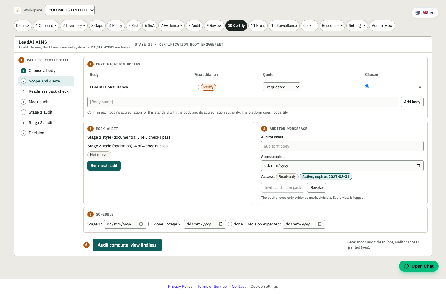 Stage 10 Certify screen in the Assure platform